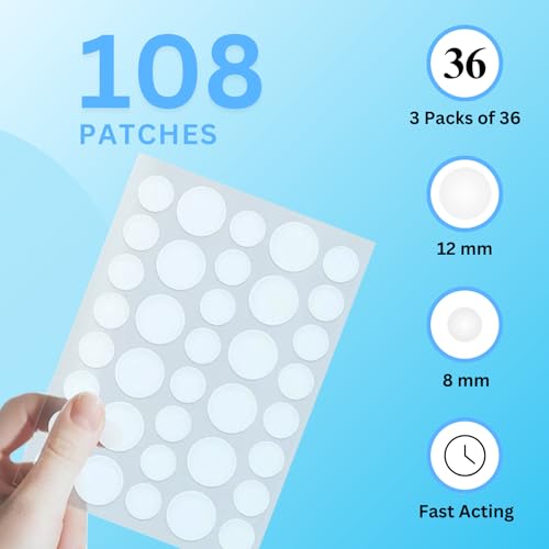 Pimple Patches for Face - Hydrocolloid Patches, Fast Healing, Ultra Thin Absorbing Cover, Skin Care, Spot Patches, Pimple Stickers, 2 Sizes (108 Count)