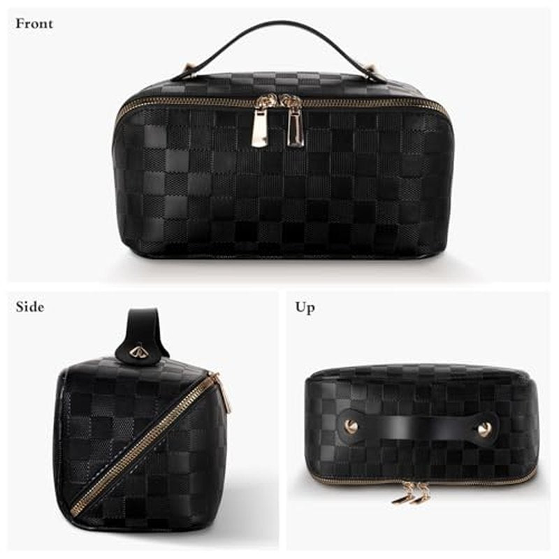 Abiudeng Travel Makeup Bag,Large Capacity Toiletry Bag Cosmetic Bags for Travel Essentials,Waterproof Portable Pouch Open Flat Makeup bag Organizer with Divider and Handle(Checkered-Black)