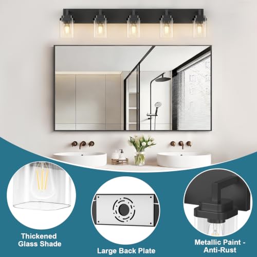 Matte Black Bathroom Light Fixtures - 5-Light Modern Vanity with Clear Glass Shades - Black / 5-Light