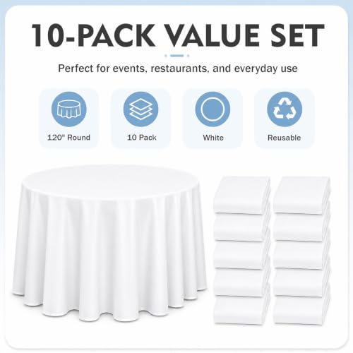 White Round Tablecloth 120 Inch Pack of 10 Washable Stain-Resistant Elegant Fabric
