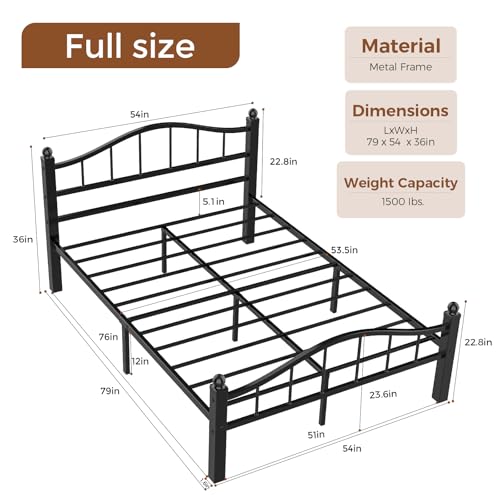 Full Size Bed Frame with Headboard - Black, Noise-Reducing, 14 Steel Bars, 12-Inch Clearance