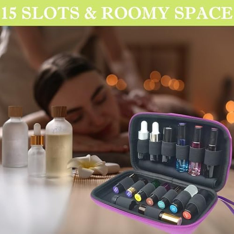 BLIRITEL Essential Oils Organizer Bag, Hard Shell Essential Oil Carrying Case for 15 Bottles, EVA Essential Oil Travel Case for 5ml,10ml Standard and Roller Bottles (Purple)