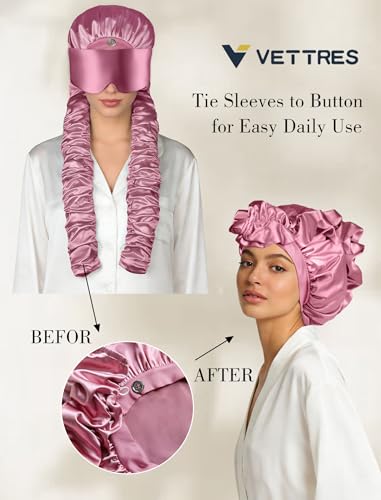 Pink Satin Sleep Bonnet with Eye Mask & Curling Ribbons - No Slip Hair Protector