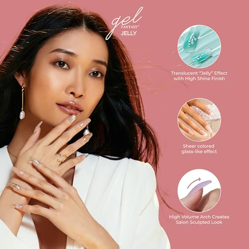 KISS Gel Fantasy Press On Nails, Nail glue included, 'Fun & Jelly', Pink, Medium Size, Coffin Shape, Includes 28 Nails, 2g glue, 1 Manicure Stick, 1 Mini File
