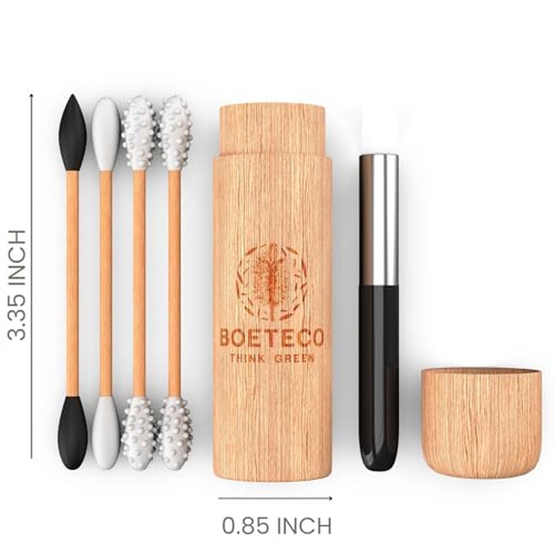 Bamboo Reusable qtip Ear Swab and Makeup Swabs Kit. 1 Case with 4 Reusable Silicone Bamboo Swabs for Ears, Baby, Beauty