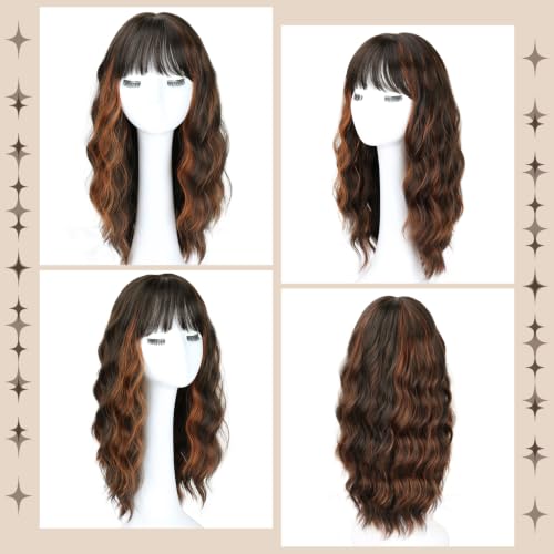 Brown Highlight Wavy Wig for Women 20 Inch Natural Curly Long Hair with Bangs - NOVFLKW