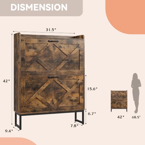 Nicetree Rustic Brown Shoe Storage Cabinet with 2 Flip Drawers - Farmhouse Entryway Organizer