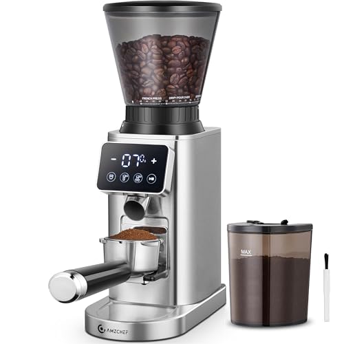 Coffee Grinder with 48 Settings, Anti-Static, Stainless Steel Burrs - Metallic Silver