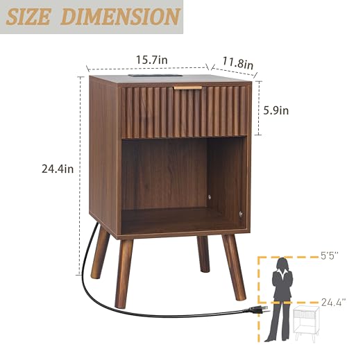 Walnut Brown Nightstand with Charging Station - Fluted Bedside Table with Storage
