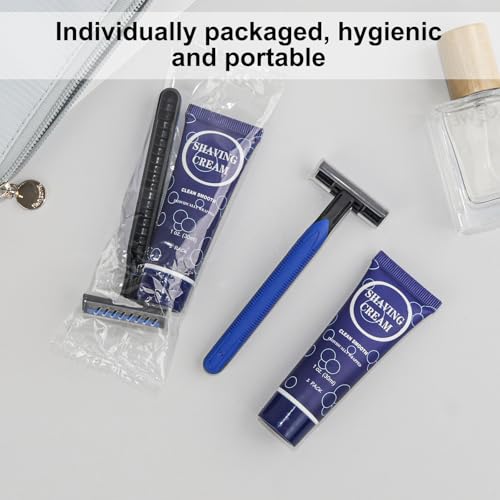 Shaving Razor Set, Disposable Individually Wrapped Manual Twin Blade Razors in Bulk Smooth Shaving Razors with Mini Shaving Cream Toiletries for Hotel Charity Camping Travel Homeless 1oz (Pack of 10)
