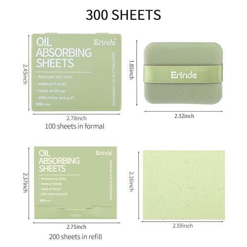 Erinde Oil Blotting Sheets for Face with Mirror and Puff, 300 Sheets Oil Blotting Paper for Oily Skin, Face Oil Absorbing Sheet, Natural Oil Control Film, Absorb Excess Oil, Makeup Friendly