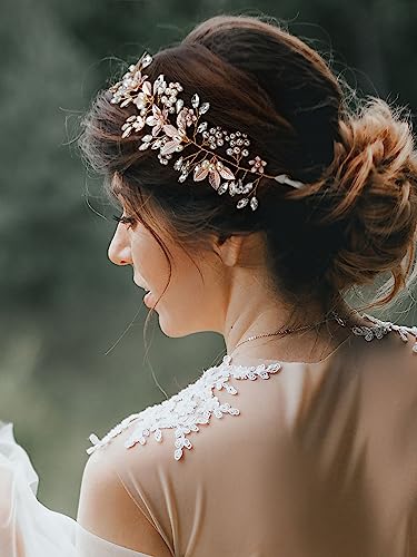 Gold Bridal Headband with Rhinestones and Pearl Flowers - Wedding Hair Accessories