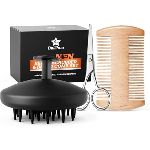 Beard Scrubber Brush Kit- 3 Piece Professional Set Silicone Beard Brush Scalp Shower Shampoo Scrubber Brush, Trimming Scissors, Dual-Sided Beard Comb | Hair Face Exfoliator & Massager for Growth