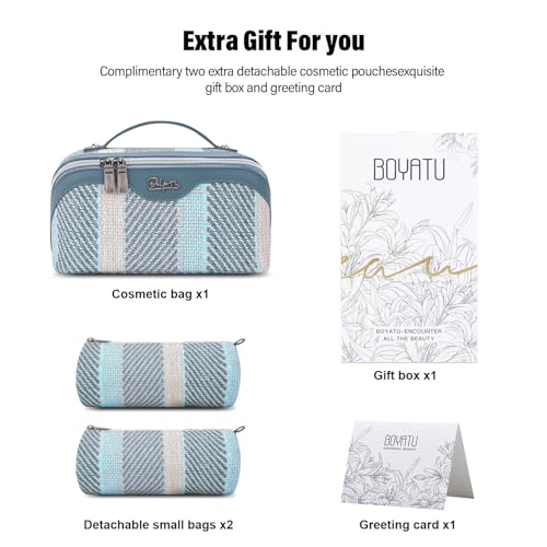 BOYATU Travel Makeup Bag Cosmetic Bag for Women: 3 Pcs Set Make up Bag with Compartments - Waterproof Vegan Leather Toiletry Bags with Handle - Makeup Organizer for Travel Essentials(C-1-Blue)