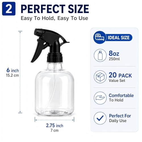 20 Pack 8 Oz Refillable Plastic Spray Bottles with Adjustable Nozzles