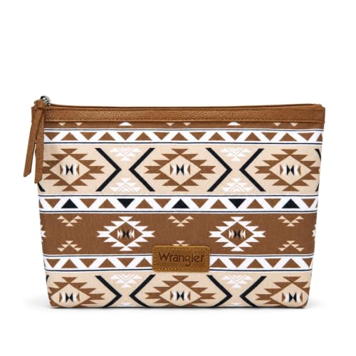 Large Waterproof Travel Makeup Bag for Women with Aztec Pattern - Tan