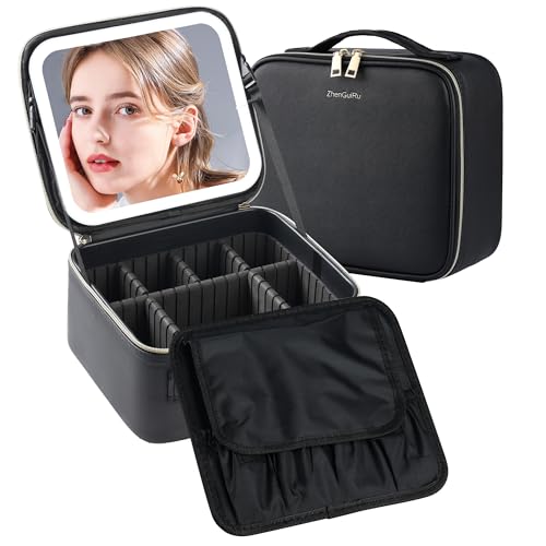 Gdsshuhung Black Makeup Bag with Mirror & LED Light - Travel Cosmetic Organizer