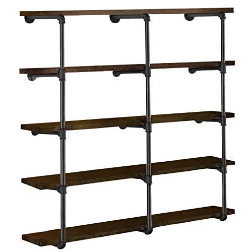 HITOMEN 3-Pack Industrial Iron Pipe Shelves 5-Tier Wall-Mounted Open Bookcase