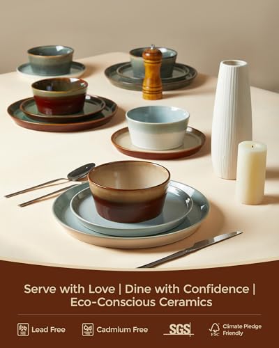Ceramic Dinnerware Set for 6 - 18 Pieces, Plates & Bowls, Hand-Glazed