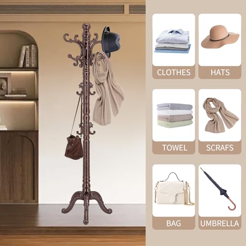 Vintage Wooden Coat Rack with 14 Hooks - Triangle Base, Freestanding