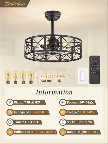 20-Inch Caged Ceiling Fan with Lights and Remote - Black Fanbulous