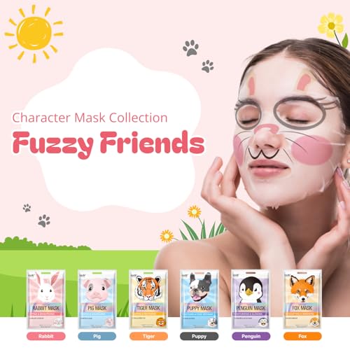Epielle Character Face Mask Fuzzy Friends 6 Pack, Fun & Effective Korean Skin Care, Spa Party Favors, Stocking Stuffers, Birthday Gifts for Women, Self Care Gifts