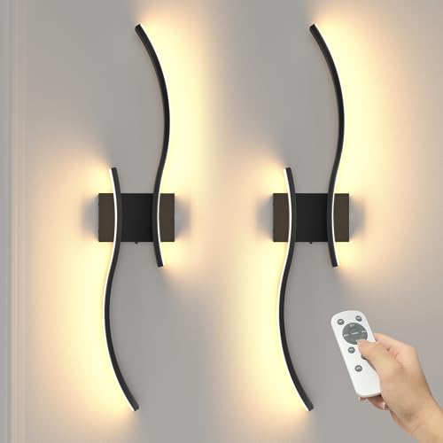 NIORSUN Black 27.6 Inch Rechargeable Wireless Wall Sconce Set of 2 with Remote, Dimmable & 3CCT, Modern LED Wall Lights for Living Room & Bedroom