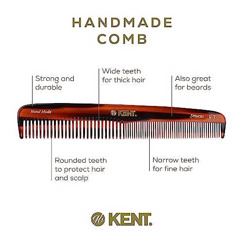 Kent 9T Tortoise Fine and Wide Tooth Comb Detangler - Large Handmade and Saw-Cut Dressing Combsw,for Wet and Dry, Hair Comb for Women and Durable Grooming Comb for Men Made in England