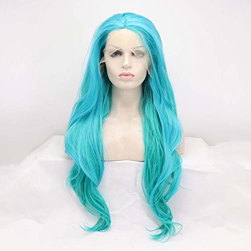 Blue Synthetic Lace Front Wigs for Women - Long Wavy Cosplay Hair, Adjustable Cap