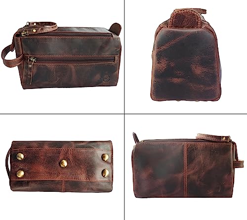 Walnut Brown Leather Toiletry Bag for Men - Travel Dopp Kit & Shaving Bag