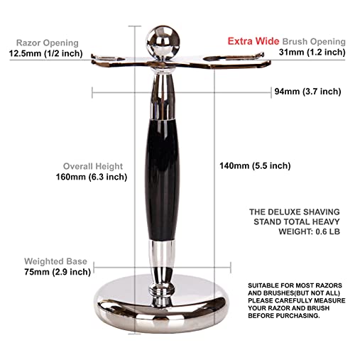 SANWA Deluxe Stainless Steel Shaving Brush & Razor Stand - Extra Wide 31mm Opening, Weighted Base, Black Handle