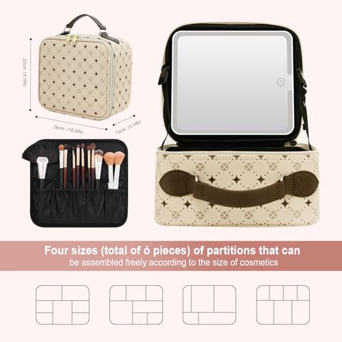 Travel Makeup Bag With 360¡Æ rotating LED Mirror,Waterproof cosmetic organizer,Portability Cosmetic case,Makeup organizer,Gift for Women,Girls Gift (Beige + Brown)