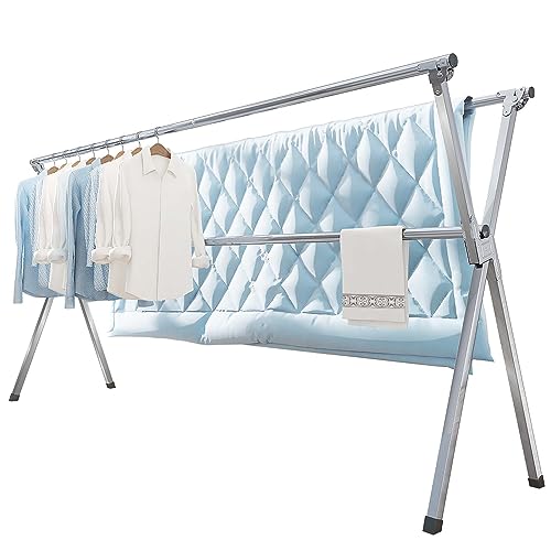 VIKAQI 95-Inch Folding Outdoor Indoor Clothes Drying Rack with 20 Hooks, 12 Clips, Heavy-Duty Stainless Steel