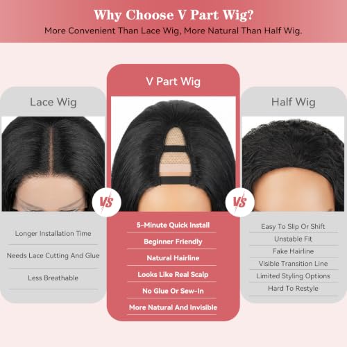 Yaki Straight V Part Wig - 26 Inch, 1B, Glueless Clip-In Half Wig with Layers