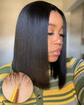 7x6 Glueless Human Hair Bob Wig - Pre-Cut Lace Closure 12 Inch - Natural Black