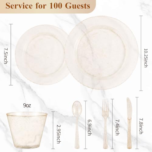 BESTVIP Gold Glitter Disposable Dinnerware Set for 100 Guests - Plastic Plates & Cutlery