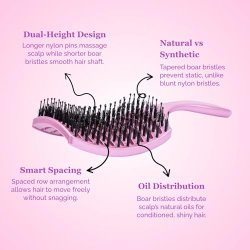 Pink Happy Hair Detangler Paddle Brush with Boar Bristles & Nylon Pins - Pain-Free, Lightweight