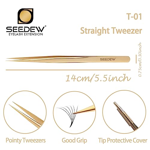 Tweezer Eyelash Extensions 1 PCS Stainless Steel Straight Pointy Tweezer Isolation Professional Precision Supplies False Lash Application Tools for Lash Tech, Lash Artist Beginner(Golden)
