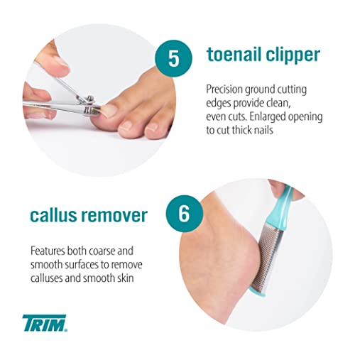 TRIM Pedicure Kit ? Everything You Need to Care for Your Feet ? Includes Toenail Clipper, Cuticle Pusher, Pumice Stone, Callus Remover, Contour Toe File, Nail Brush & Storage Pouch ? 6 (Pack of 4)
