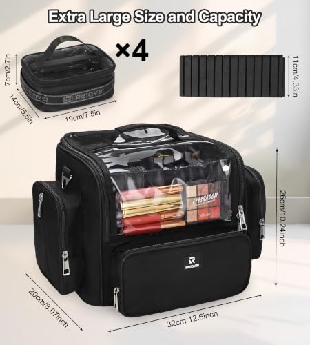 Extra Large Makeup Brush Case with 4 Small Bags - Travel Organizer with Adjustable Dividers & Shoulder Strap - Black