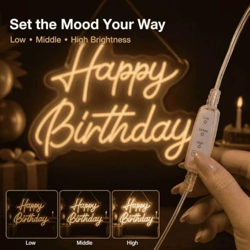 Happy Birthday Neon Sign 22x16.9in Dimmable Warm White LED Light - 12V Version