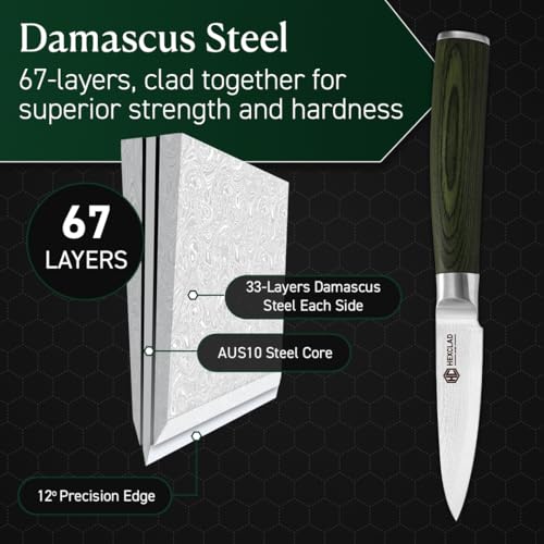 Green HexClad 3.5-Inch Japanese Damascus Paring Knife - Full Tang, Sharp Kitchen Tool
