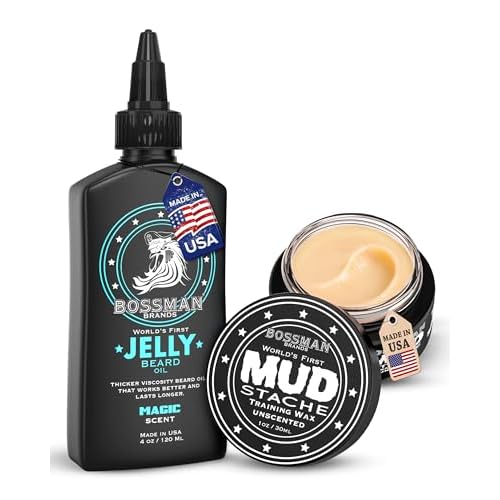 Bossman Jelly Beard Oil 4 oz + Mustache Wax for Men 1 oz Bundle | Natural, Organic, and Easy-to-Apply Styling Products ? Made in the USA