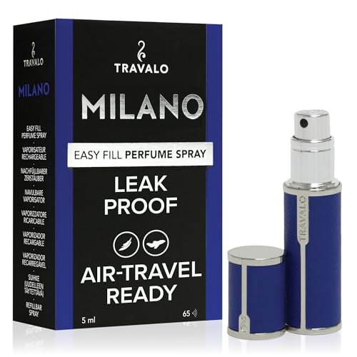 Travalo Milano Perfume Atomizer - Leak-Proof and TSA Approved for Air Travel - Reusable, Airtight, Easy Fill Mini Pump Sprayer - Lightweight, Vegan Leather with Polished Metal Outer Shell - Blue