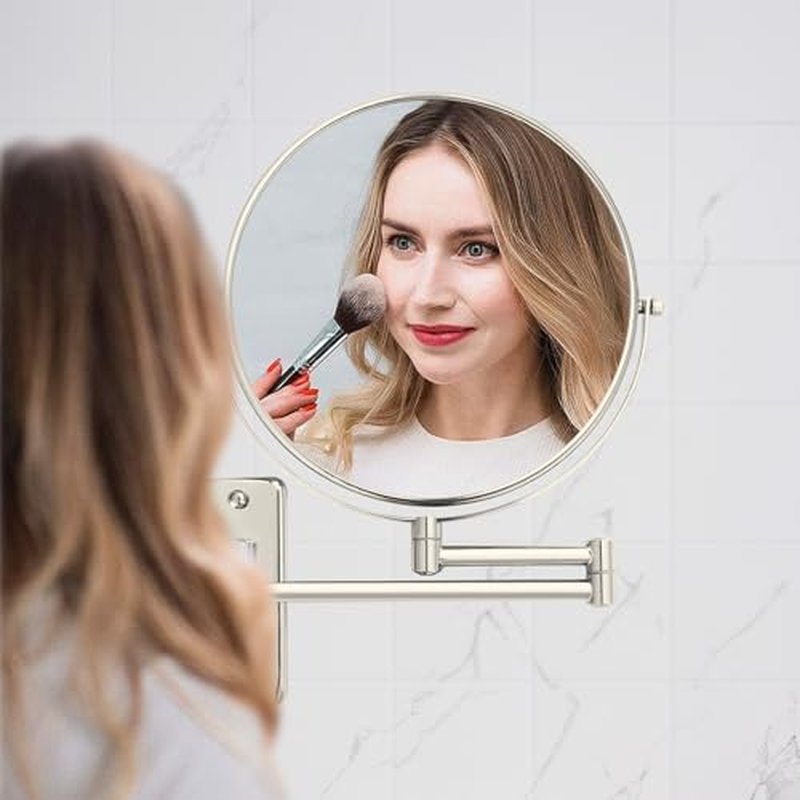 8" Extendable Bathroom Mirror Wall Mount with 1X/10X Magnification, 360¡Æ Swivel Double Sided Vanity & Shaving Mirror, Nickel Finish (No Light)