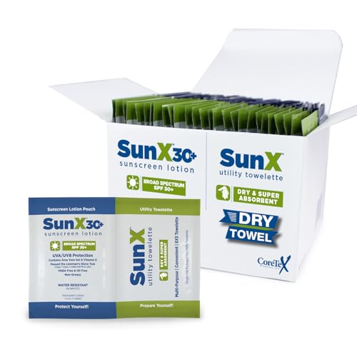 CoreTex Sun X SPF 30 Broad Spectrum Sunscreen Pack of 25 with Dry Towels - Water Resistant, No White Cast, Reef Safe, Made in USA