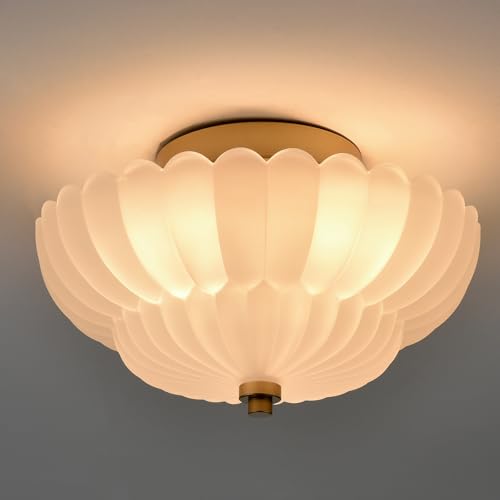 HYDELITE Gold-Milk Glass Flush Mount Ceiling Light with Scalloped Frosted Shade