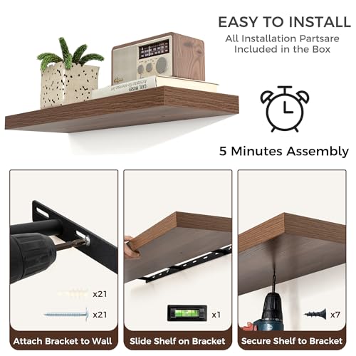 48-Inch Walnut Floating Wall Shelves Set - Modern Rustic Storage, 2-Pack
