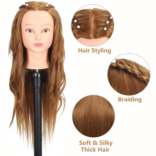 Mannequin Head with 80% Real Human Hair 26''-28"Cosmetology Mannequin Doll Head to Practice Hair Styles Hairdresser Practice Braiding Head(27# Light Brown)