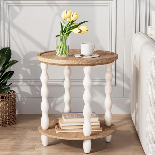 Karlott Beige Round 2-Tier Farmhouse End Table – Living Room Nightstand